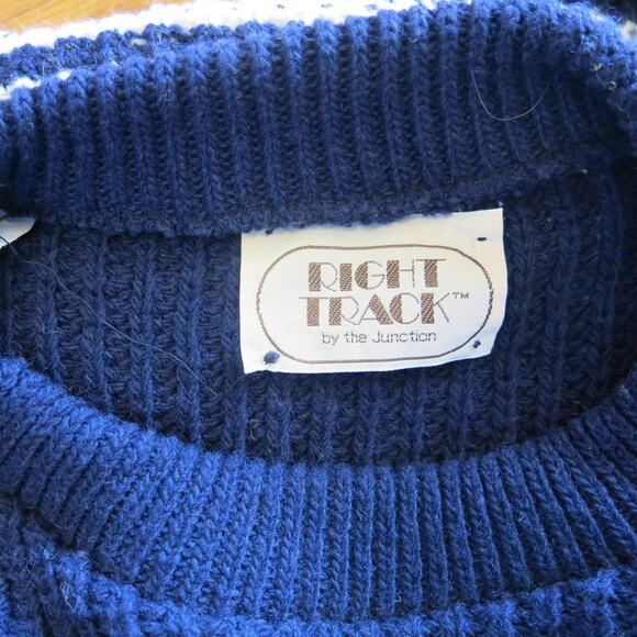 VINTAGE Right Track Grandpa Sweater Size L Men Chunky Knit 1970's Blue White - Picture 6 of 7